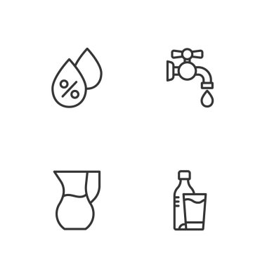 Bir şişe suyu cam, sürahi, su damlası yüzdesi ve musluk ikonu ile ayarla. Vektör