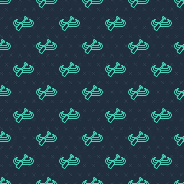 Yeşil çizgi kano ve kürek ikonu mavi arka planda izole edilmiş pürüzsüz desen. Balıkçılık ve turizm için kano. Açık hava aktiviteleri. Vektör