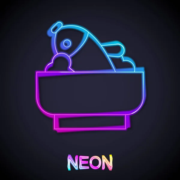 Glowing Neon Line Rice Fish Bowl Icon Isolated Black Background —  Vetores de Stock