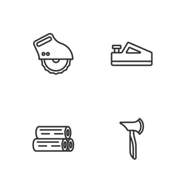 Tahta baltayı, kütüğü, elektrikli testere ve uçak aracı simgesini ayarla. Vektör