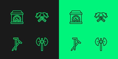 Ortaçağ kutup baltası, metal çiviler, demirci fırını ve çapraz çekiç ikonu. Vektör