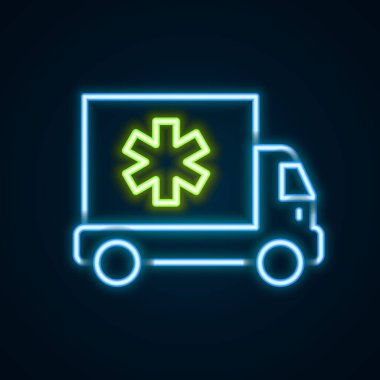 Parlayan neon hattı ambulansı ve acil durum arabası simgesi siyah arka planda izole edildi. Ambulans aracı tıbbi tahliye. Renkli taslak konsepti. Vektör