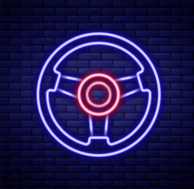 Parlayan neon hattı yarış simülatörü kokpit ikonu tuğla duvar arka planında izole edildi. Oyun aksesuarı. Simülasyon oyunu için Gadget. Renkli taslak konsepti. Vektör