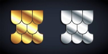 Siyah arkaplanda altın ve gümüş çatı kiremit simgesi var. Uzun gölge tarzı. Vektör