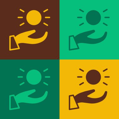 Pop Art Ball renkli arka planda el simgesinin üzerinde yükseliyor. Havalanma sembolü. Vektör