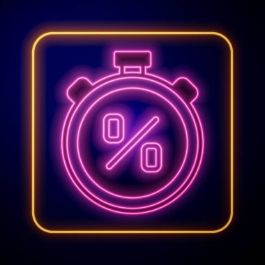 Siyah arkaplanda yüzde yüz indirim simgesiyle parlayan neon saat. Zaman göstergesi. Vektör