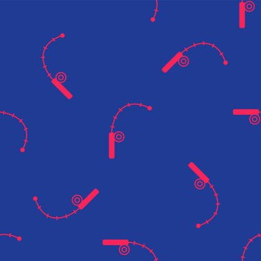 Kırmızı Balıkçı Çubuğu simgesi mavi arka planda izole edilmiş. Büyük bir balık yakala. Balıkçılık ekipmanları ve balık çiftliği konuları. Vektör