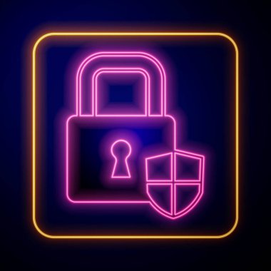 Siyah zemin üzerinde kilit simgesi olan parlayan neon kalkan güvenliği. Koruma, güvenlik, şifre güvenliği. Güvenlik duvarı gizlilik levhası. Vektör