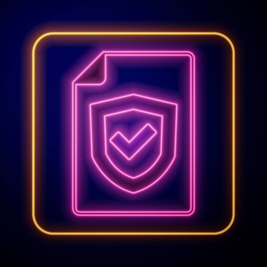 Siyah arkaplanda izole edilmiş kalkan simgesi ile parlayan neon sözleşmesi. Sigorta konsepti. Güvenlik, güvenlik, koruma, konsept koruma. Vektör