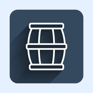 Beyaz çizgi ahşap fıçı, uzun gölgeli bal ikonu izole edilmiş. Mavi kare düğme. Vektör