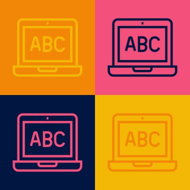 Pop sanat eseri dizüstü bilgisayar simgesi renk arkaplanında izole edildi. Boş ekran işaretli bilgisayar defteri. Vektör