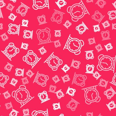 Kırmızı arkaplanda beyaz çizgi alarm simgesi izole edilmiş. Uyan, kalk konsepti. Zaman işareti. Vektör