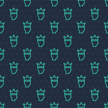 Yeşil çizgi King Crown ikonu mavi arkaplandaki kusursuz deseni izole etti. Vektör