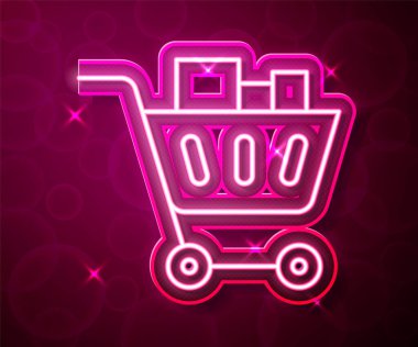 Parlayan neon hattı alışveriş arabası ve kırmızı arka planda izole edilmiş yiyecek ikonu. Yiyecek dükkanı, süpermarket. Vektör