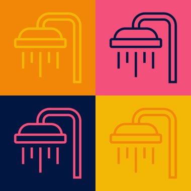 Pop sanat serisi duş başlığı ve su damlaları renkli arka planda izole edilmiş ikon akışı. Vektör