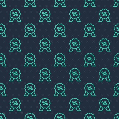 Yeşil çizgi indirimli etiket simgesi mavi arkaplanda izole edilmiş kusursuz desen. Etiket alışverişi. Özel teklif işareti. İndirim kuponları sembolü. Vektör