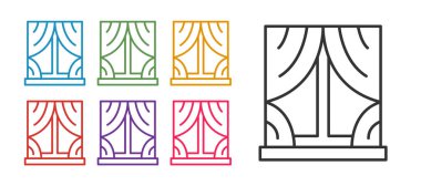 Beyaz arkaplanda izole edilmiş oda simgesinde perdeleri olan çizgi penceresini ayarla. Simgeleri renklendirin. Vektör