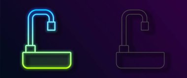 Siyah zemin üzerinde su musluğu simgesi olan parlak neon hat helvası. Vektör