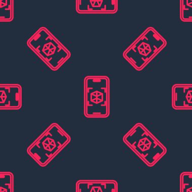 Kırmızı çizgi 3D modelleme simgesi siyah arkaplanda izole edilmiş kusursuz desen. Artırılmış gerçeklik mi yoksa sanal gerçeklik mi? Vektör