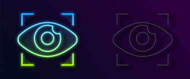 Parlayan neon hattı Büyük kardeş elektronik göz ikonu siyah arka planda izole edildi. Küresel izleme teknolojisi, bilgisayar sistemleri ve ağ güvenliği. Vektör