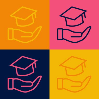Pop sanat çizgisi Eğitim bursu ikonu renk arka planında izole edilmiş. Okul ücreti, finansal eğitim, bütçe fonu, burs programı, mezuniyet şapkası. Vektör