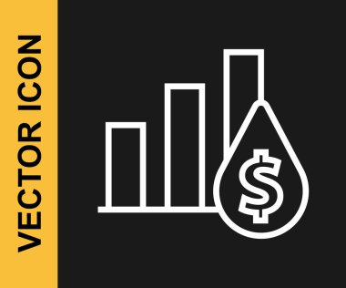 Beyaz çizgi pasta grafiği bilgisel ve dolar sembolü simgesi siyah arkaplanda izole edilmiş. Diyagram çizelgesi. Vektör