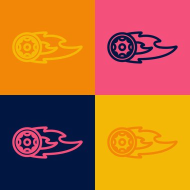 Pop Art Line Wheel in Fire alev ikonu renkli arka planda izole edildi. Yanan tekerlek. Vektör