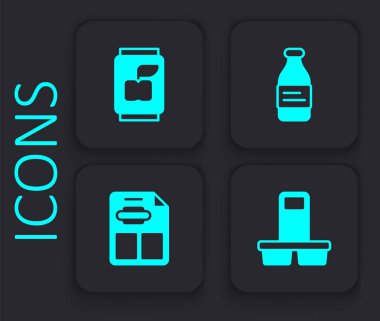 Kahve fincanını paket yap, soda kutusu, şişe su ve restoran kafe menüsü ikonu. Siyah kare düğme. Vektör