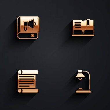 Set Kitabı, Açık Kitap, Kâhin, Parşömen, Parşömen ve Masa Lambası ikonu uzun gölgeli. Vektör