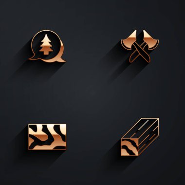 Ağacı, tahta baltayı, kirişi ve uzun gölgeli ikonu hazırla. Vektör