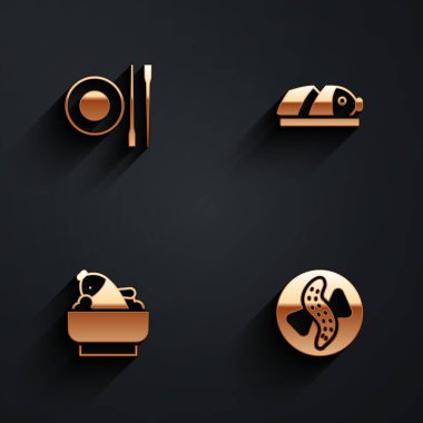 Tabakla yemek çubukları, dilimlenmiş balık, kasede pirinç balığı ve uzun gölgeli salatalık. Vektör