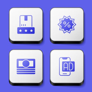 Tüketici ürün sınıflandırmasını, indirimli yüzde etiketini, kağıt para destesini ve reklam simgesini ayarlayın. Beyaz kare düğme. Vektör