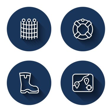 Halat ağı deseni, Lifebuoy, botlar ve uzun gölgeli balık avı. Mavi daire düğmesi. Vektör