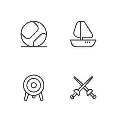 Çizgi eskrim, hedef sporu, beyzbol topu ve yat teknesi ikonu. Vektör