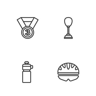 Bisiklet kaskı, fitness sallayıcısı, madalya ve kum torbası ikonu. Vektör