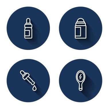 Temel yağ şişesi, deodorant rulosu, Pipette with ve El aynası, uzun gölgeli. Mavi daire düğmesi. Vektör
