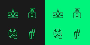 Mascara fırçası, yüz kozmetik maskesi, insan saç kökü ve el kremi ikonu. Vektör