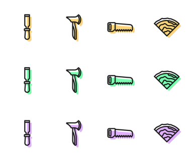 Hat testeresi, keski aleti, tahta balta ve kiriş ikonu. Vektör