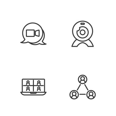 Set hattı toplantısı, görüntülü sohbet konferansı ve web kamera simgesi. Vektör