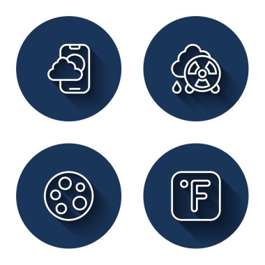 Meteoroloji uygulaması, asit yağmuru radyoaktif bulut, Ay ve Fahrenhayt 'ı uzun gölgeli ayarla. Mavi daire düğmesi. Vektör