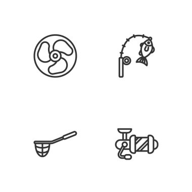 Olta makarası, olta ipi, balık ağı, dıştaki tekne motoru, olta ve ikon. Vektör