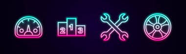 Hız göstergesini ayarla, spor şampiyonu podyumu ödülü, İngiliz anahtarı ve araba için alçı tekerleği. Parlayan neon ikonu. Vektör