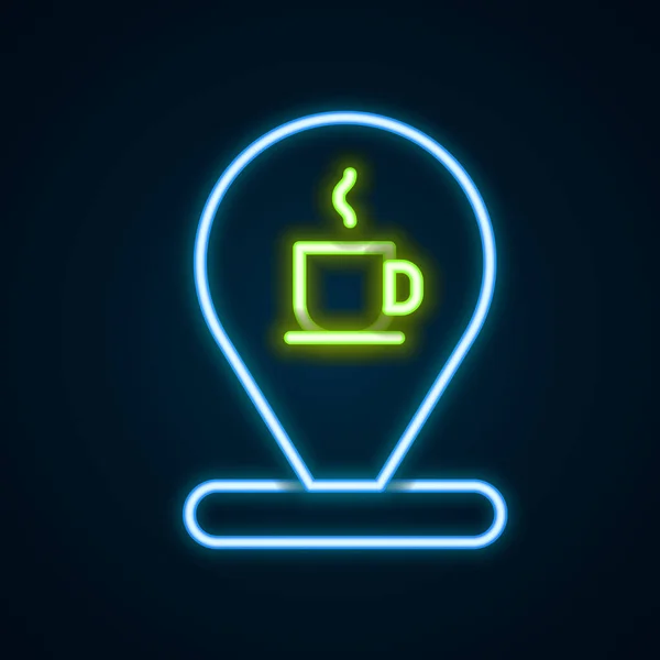 Gloeiende Neon Lijn Locatie Met Koffiekopje Pictogram Geïsoleerd Zwarte Achtergrond — Stockvector