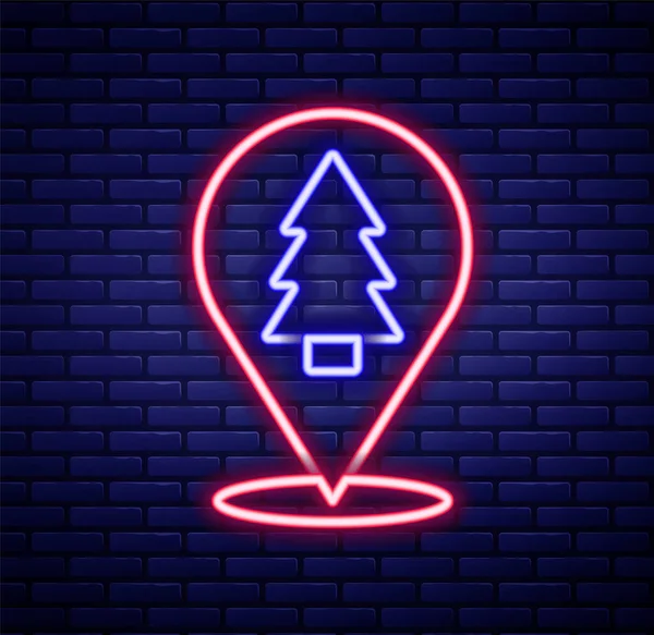 Gloeiende Neon Lijn Kerstboom Pictogram Geïsoleerd Baksteen Muur Achtergrond Vrolijk — Stockvector