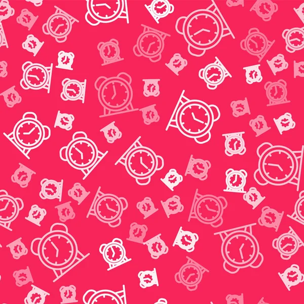 Kırmızı arkaplanda beyaz çizgi alarm simgesi izole edilmiş. Uyan, kalk konsepti. Zaman işareti. Vektör