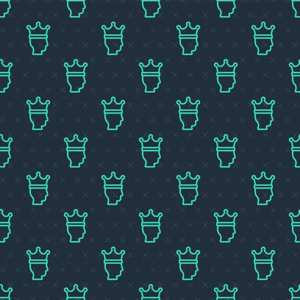 Yeşil çizgi King Crown ikonu mavi arkaplandaki kusursuz deseni izole etti. Vektör