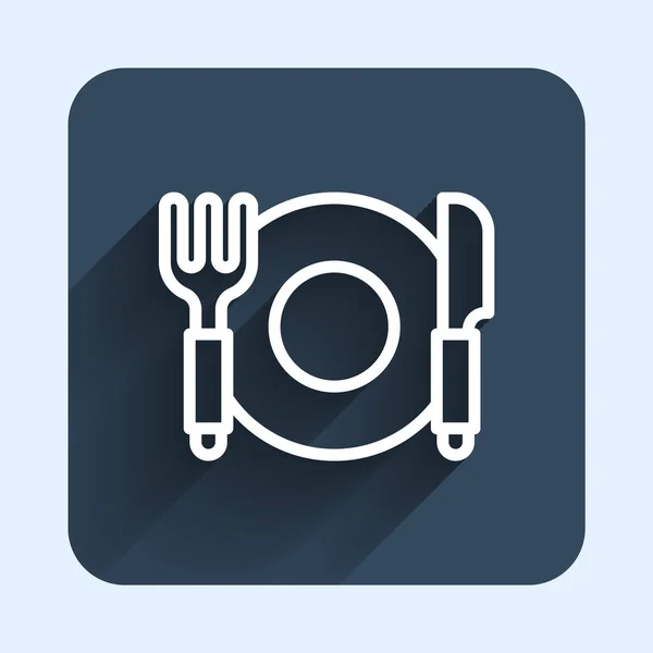 Línea Blanca Icono Placa Tenedor Cuchillo Aislado Con Fondo Sombra — Vector de stock