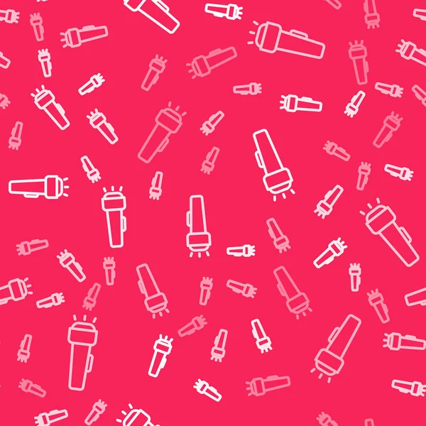 Beyaz çizgi el feneri simgesi kırmızı arkaplanda izole edilmiş kusursuz desen. Vektör