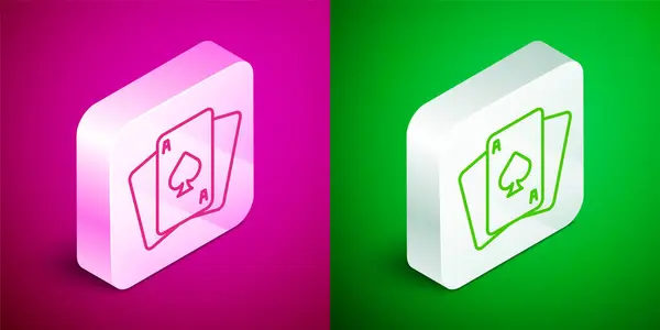 Isometrische Linie Spielkarten Symbol Isoliert Auf Rosa Und Grünem Hintergrund — Stockvektor