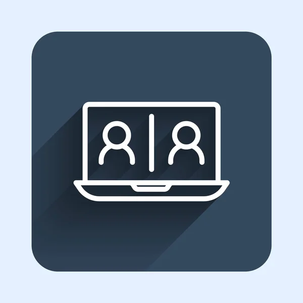 White Line Video Chat Konference Ikona Izolované Dlouhým Stínovým Pozadím — Stockový vektor